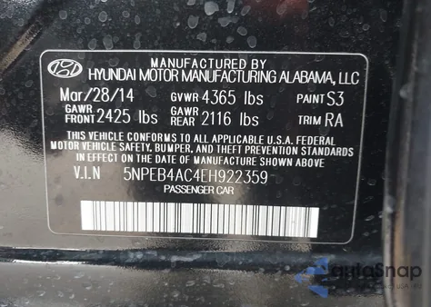 2014 Hyundai Sonata Gls from USA, damaged, VIN 5NPEB4AC4EH922359